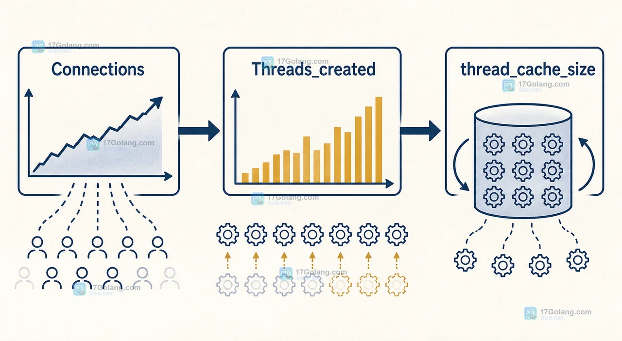 MySQL 线程缓存判断图：Connections 与 Threads_created 对照后检查 thread_cache_size