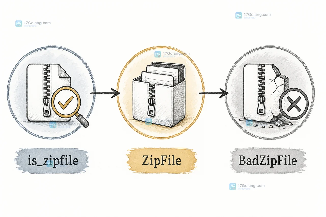 Python is_zipfile 快速验证后进入 ZipFile 上下文并区分文件头失败与 BadZipFile 结构损坏