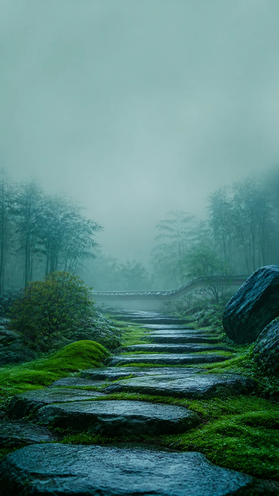 雨后苔庭主壁纸:湿润石阶从底部通向青绿雾气,顶部保留锁屏留白