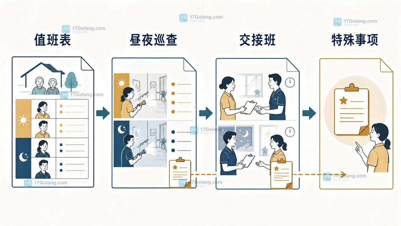 养老机构护理员排班到交接班记录的人员与时间核对链
