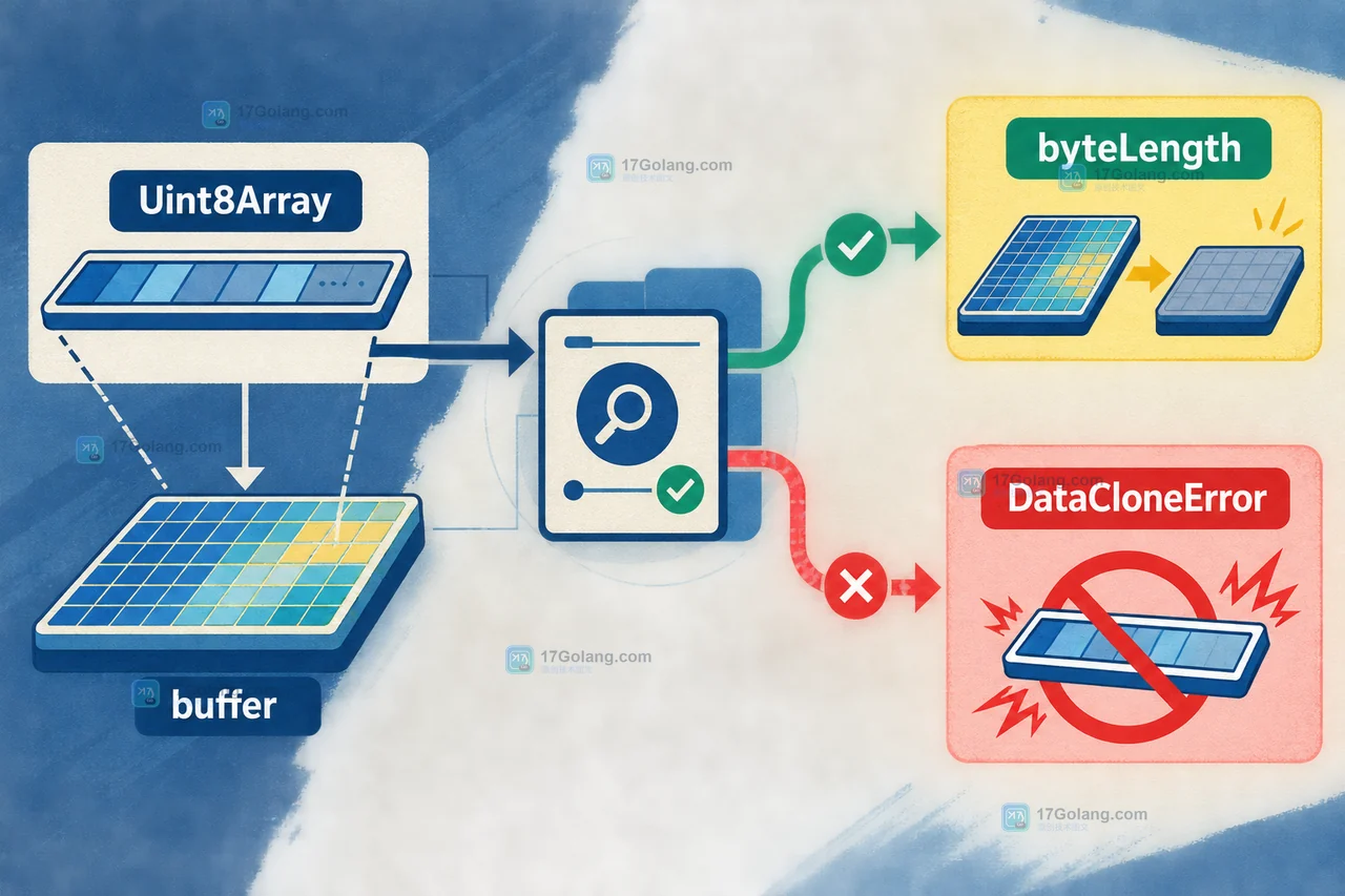 Uint8Array 通过 buffer 进入 transfer,随后用 byteLength 检查所有权;不可序列化值进入 DataCloneError