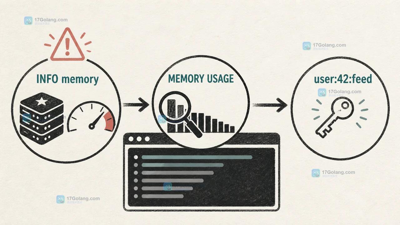 Redis 内存告警从 INFO memory 收缩到 MEMORY USAGE 和 user:42:feed 具体键的定位路径