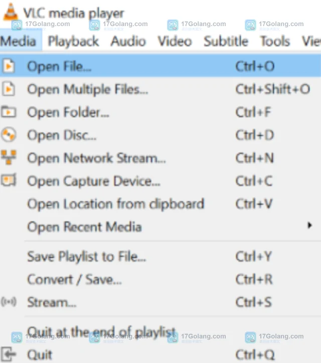 VLC media player 的 Media 菜单中 Open File 入口真实界面截图