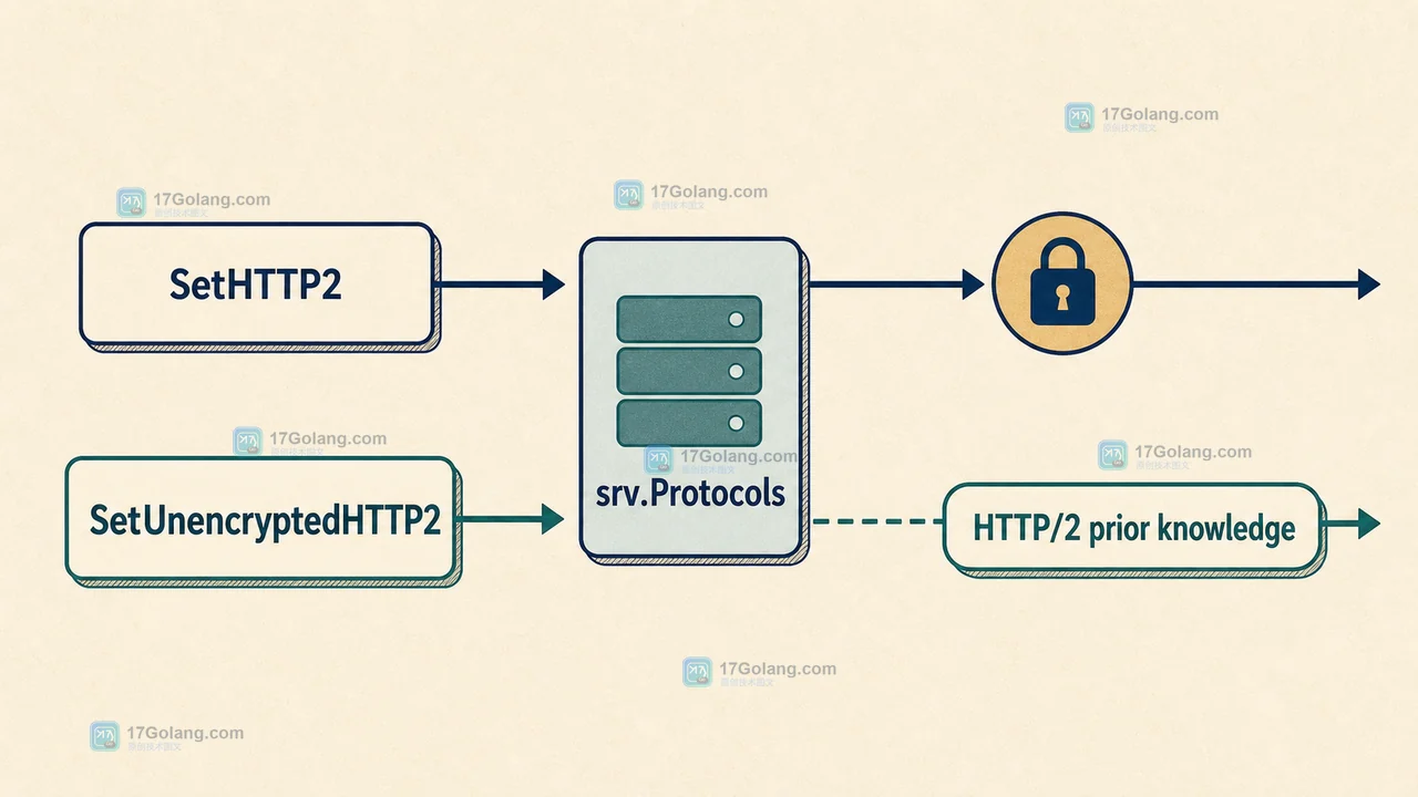 Go Server Protocols 区分 TLS HTTP2 与 UnencryptedHTTP2 请求路径的关系图