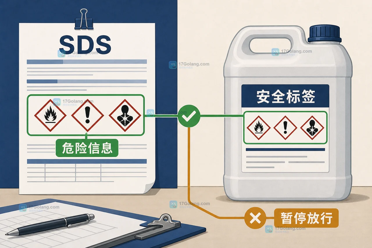 化工原料交付中将SDS危险信息与包装安全标签逐项匹配并在不一致处暂停放行的分屏示意