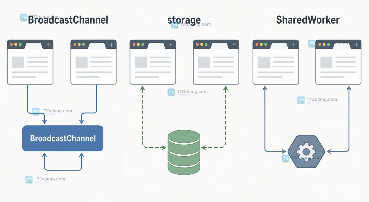前端跨标签页通信对比图:BroadcastChannel、storage 与 SharedWorker 的真实消息路径和同源边界