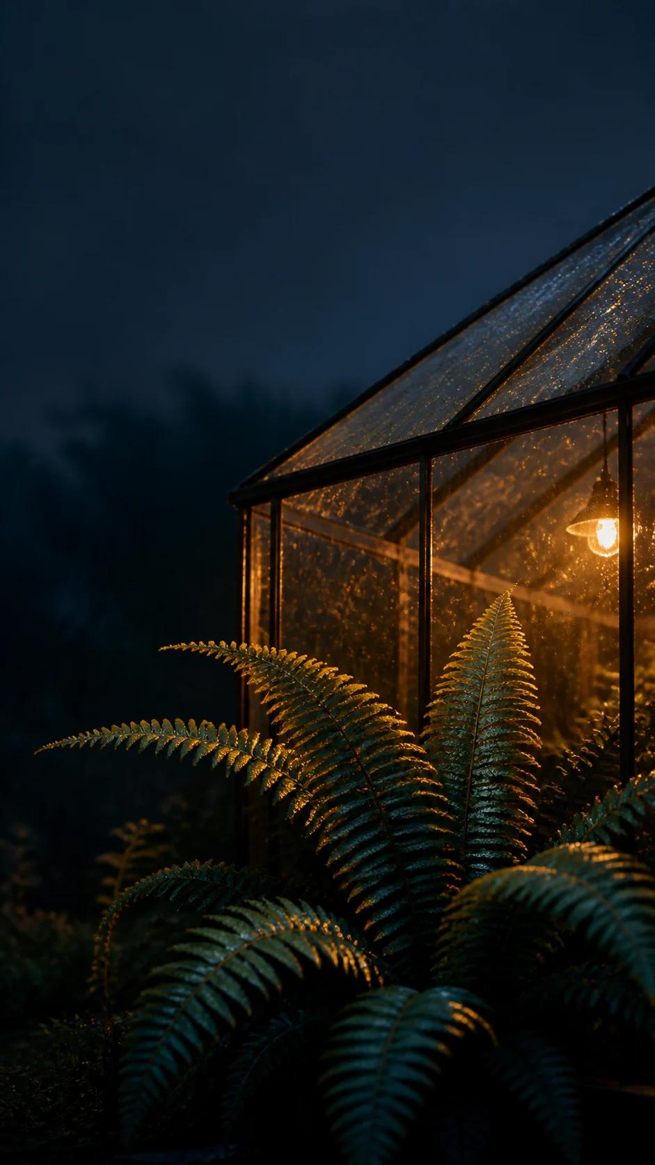 雨夜玻璃温室蓝色蕨叶琥珀灯光变体手机壁纸，深蓝阴影与暖光叶缘对比