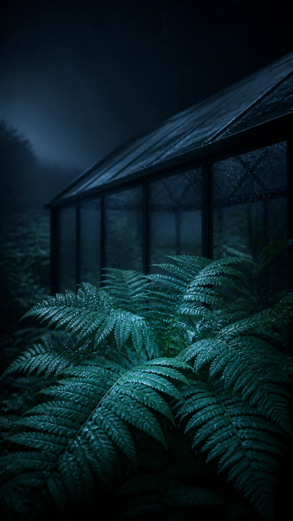 雨夜玻璃温室蓝色蕨叶冷青主图手机壁纸，顶部保留锁屏留白