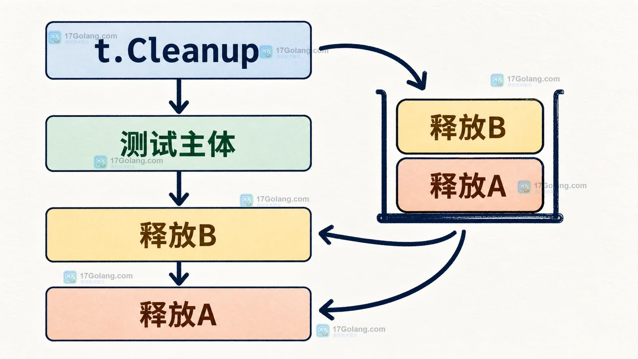Go testing.T.Cleanup 按后注册先执行：t.Cleanup、测试主体与释放父资源的调用关系