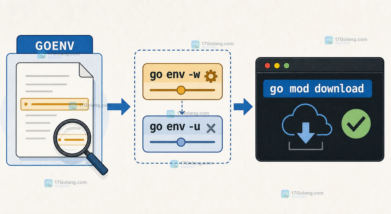 GOENV 指向配置来源，经 go env -w 与 go env -u 调整后用 go mod download 复验