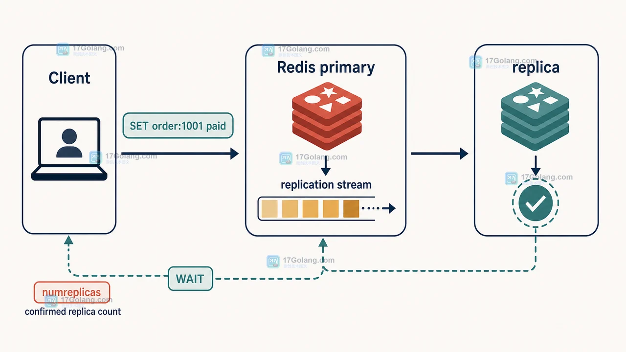 Redis WAIT 从客户端写入主实例到副本确认复制偏移的路径图
