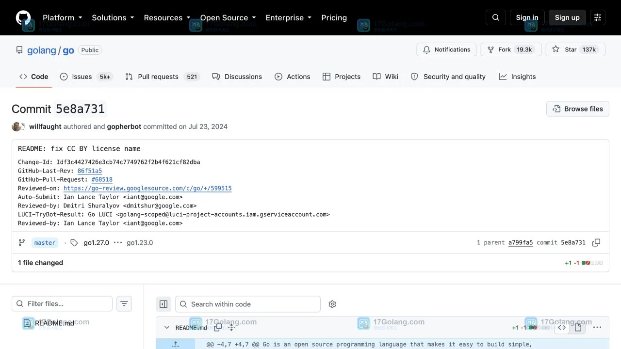 GitHub golang/go 提交 5e8a731 的 README.md 文件差异与提交元信息