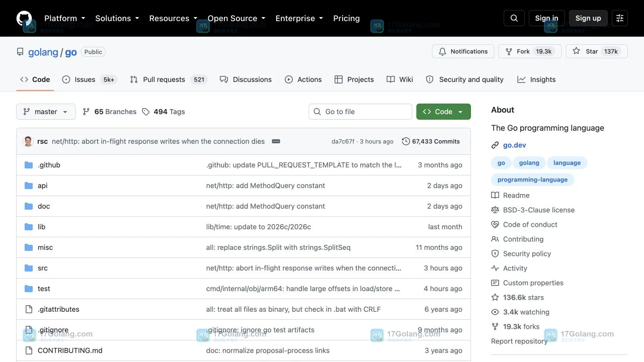 GitHub golang/go 公开仓库文件列表中定位 README.md 的入口