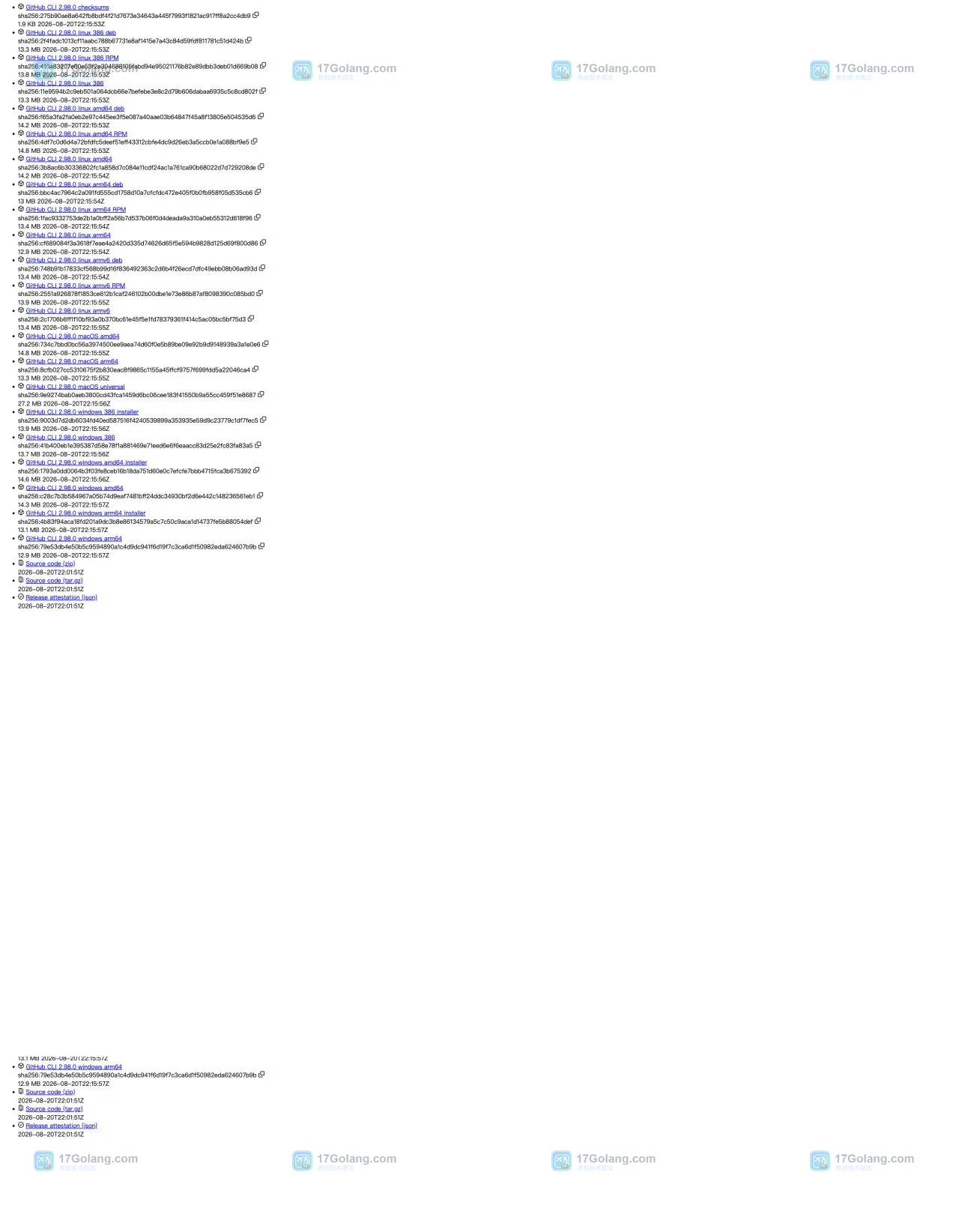 GitHub CLI 2.98.0 官方 Assets 展开页中的文件名、SHA-256 与下载链接