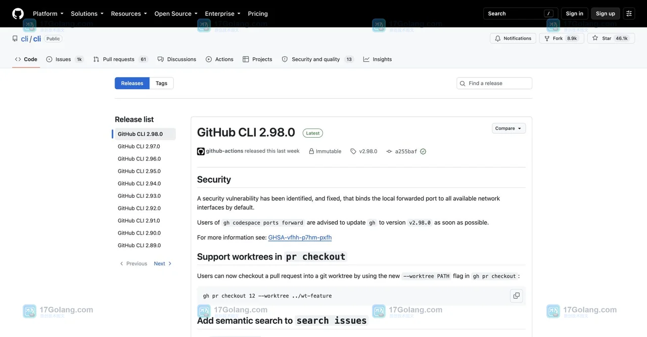 GitHub cli/cli 仓库 Releases 列表与 GitHub CLI 2.98.0 发布记录