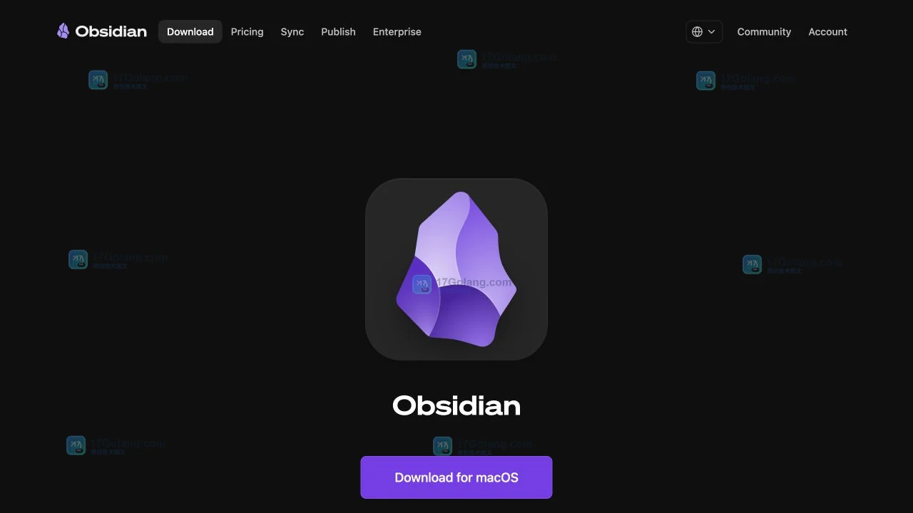 Obsidian官方下载页面，显示产品图标和当前系统的下载按钮