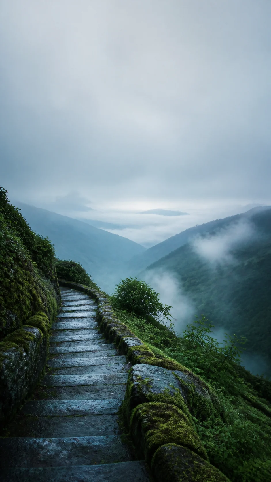 冷青色雨后青苔石阶通向薄雾山谷的竖屏手机壁纸，顶部保留锁屏留白