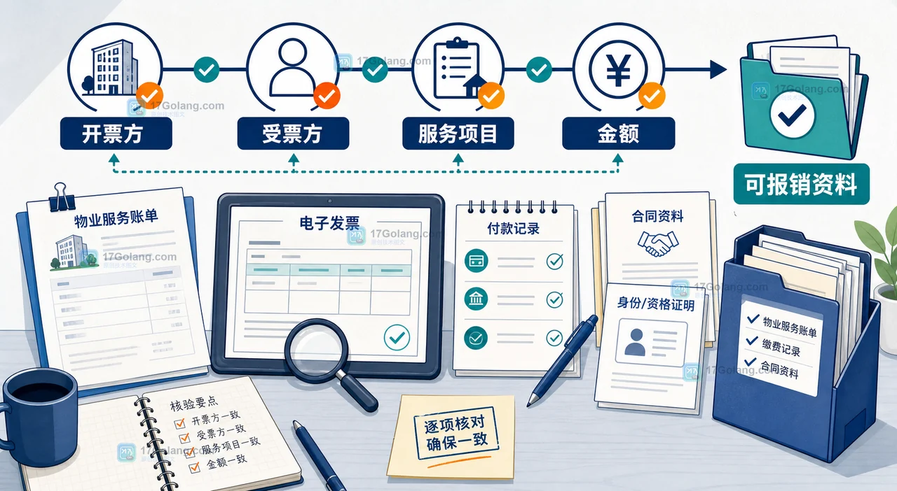 物业费电子发票核验图：开票方、受票方、服务项目和金额与缴费凭证闭环核对