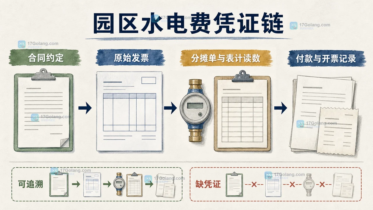 园区水电费用凭证链：合同、原始发票、分割单与付款记录逐项对应