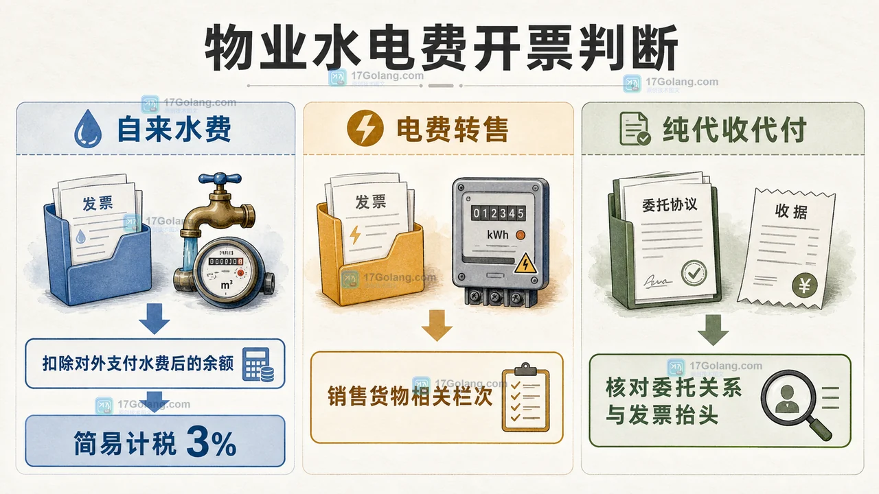 物业代收水电费开票判断图：自来水差额计税与电费转售分开核对