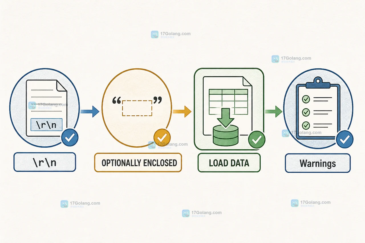 MySQL LOAD DATA 用 \r\n 与 OPTIONALLY ENCLOSED 处理 CSV 行尾后，通过 Warnings 核对结果的排查链