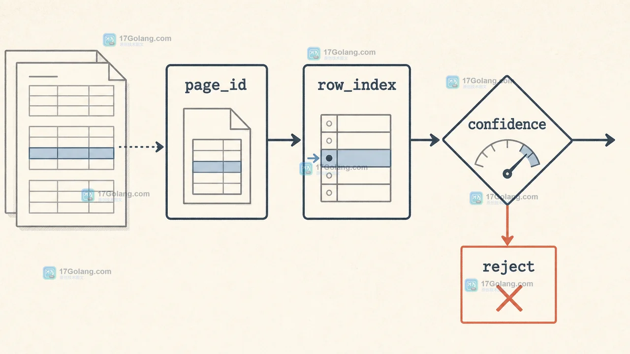 PDF 表格结果通过 page_id、row_index、confidence 检查后决定是否 reject 的验收分支