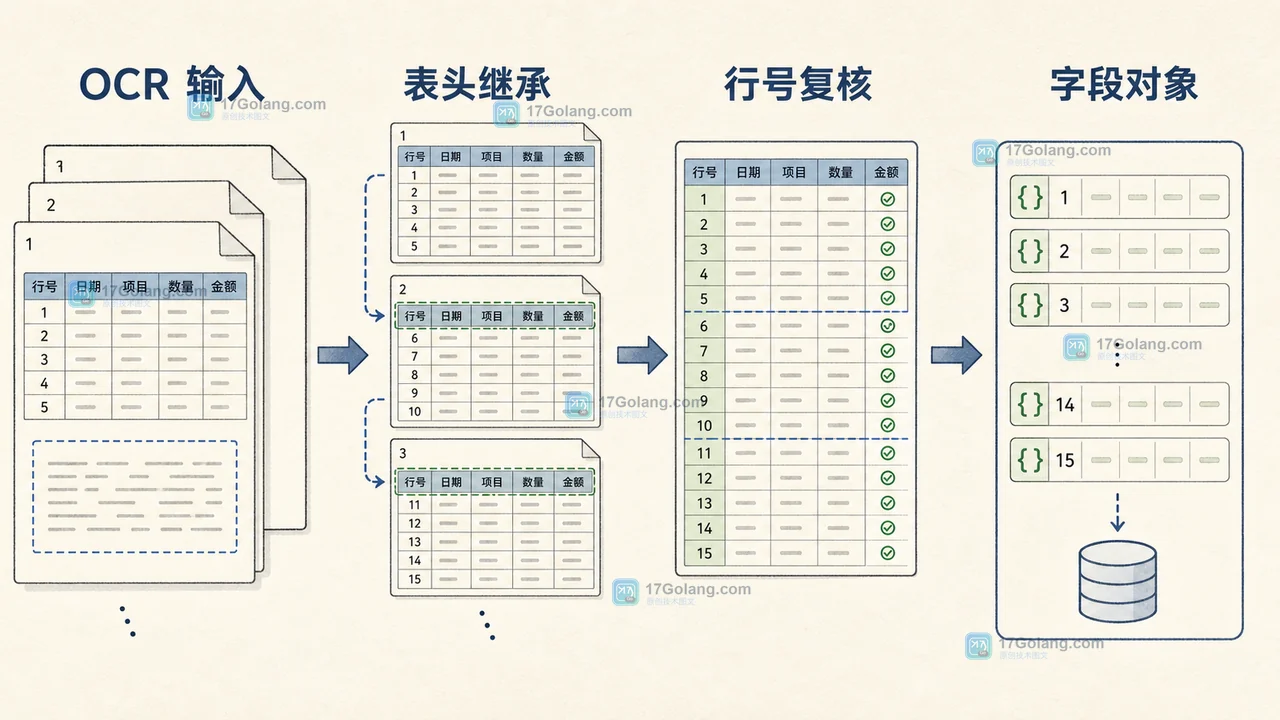 PDF 表格从 OCR 输入经过表头继承和行号复核生成字段对象的工程链路