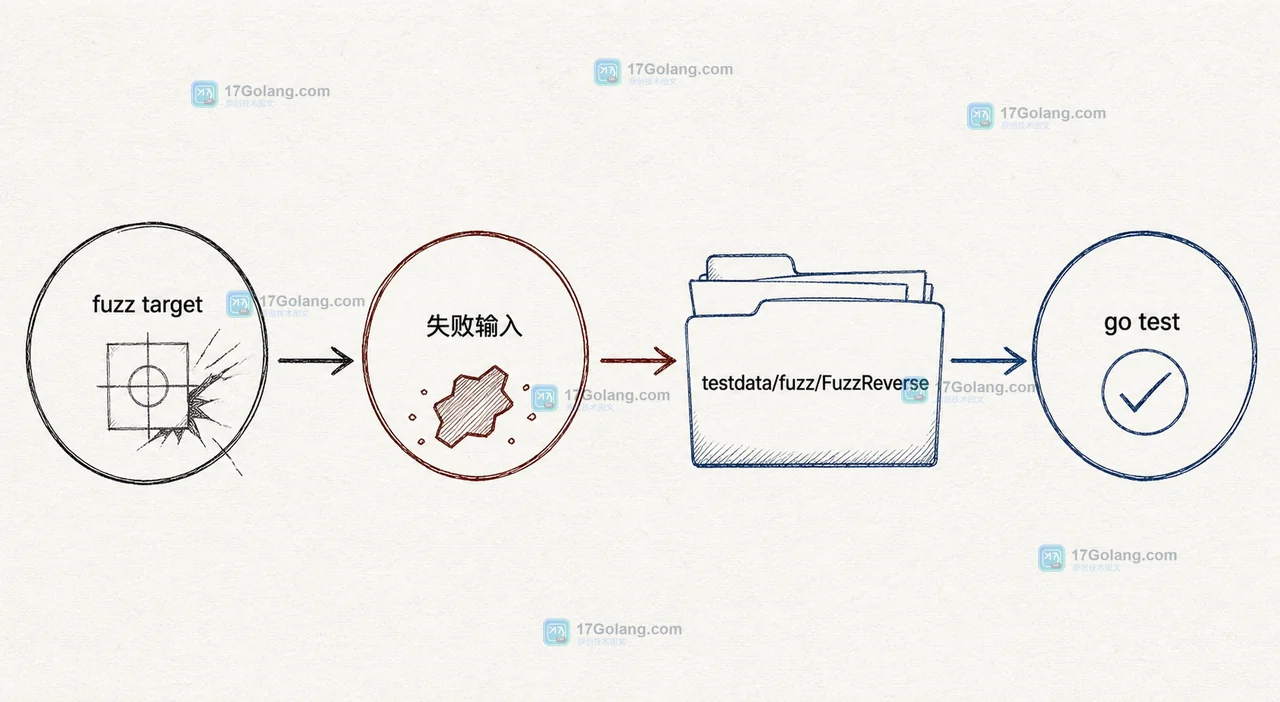 Go fuzzing 失败输入保存到 testdata/fuzz/FuzzReverse 并由 go test 回归验证