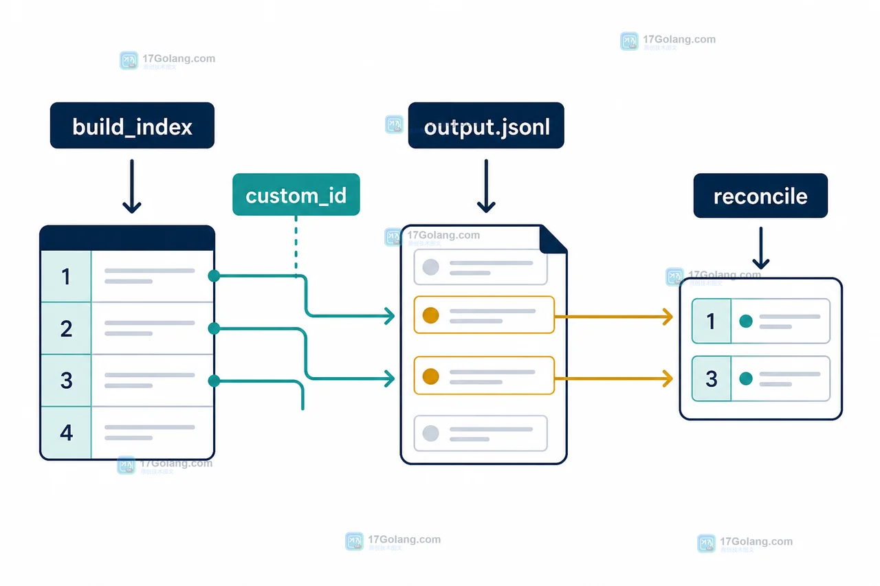 custom_id 将输入索引、output.jsonl 和 reconcile 连接起来的批处理对账链路