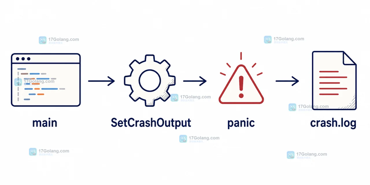 main 通过 SetCrashOutput 把 panic 报告写入 crash.log 的调用链示意图