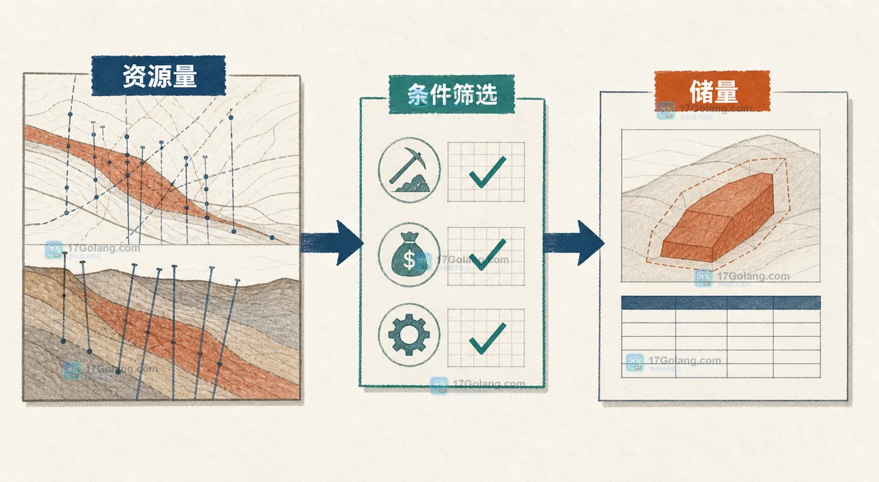 矿业报告中从地质查明资源量到受经济技术条件约束的储量判断路径，展示资源基础、条件筛选和可利用结果
