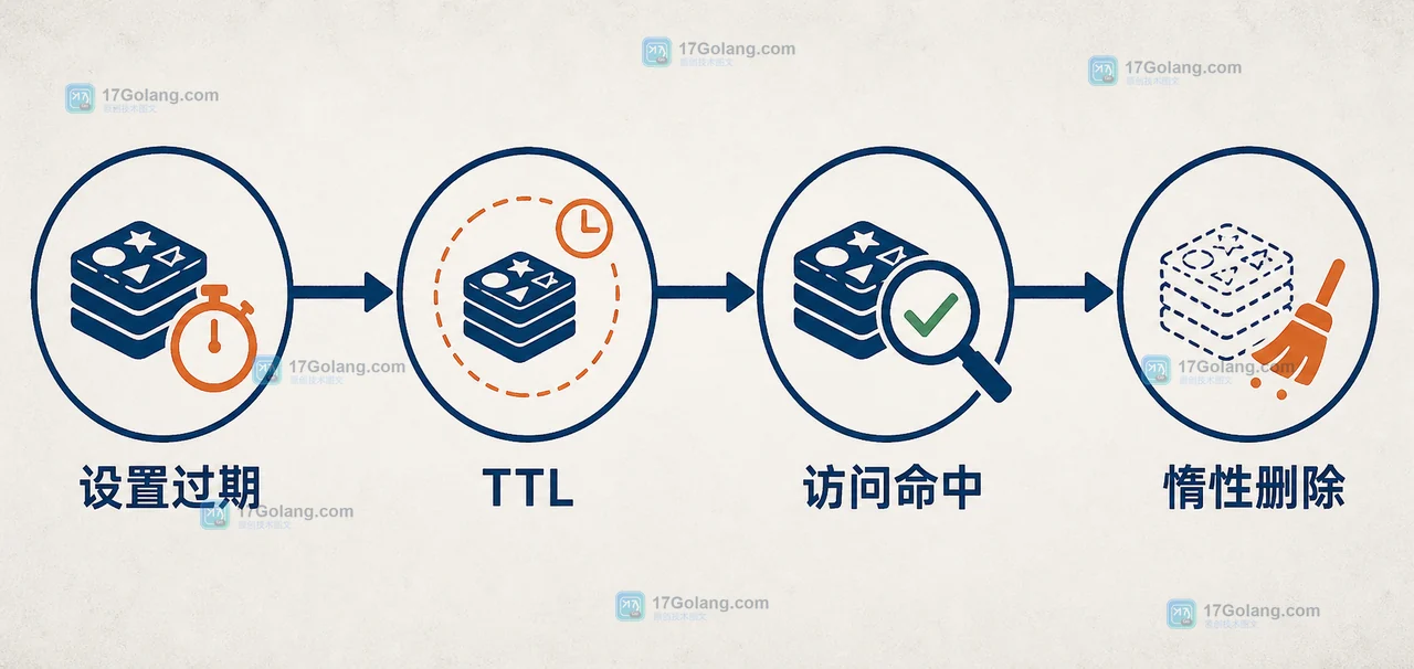 Redis EXPIRE 设置过期后由 TTL 判断并在访问命中时触发惰性删除的生命周期示意图