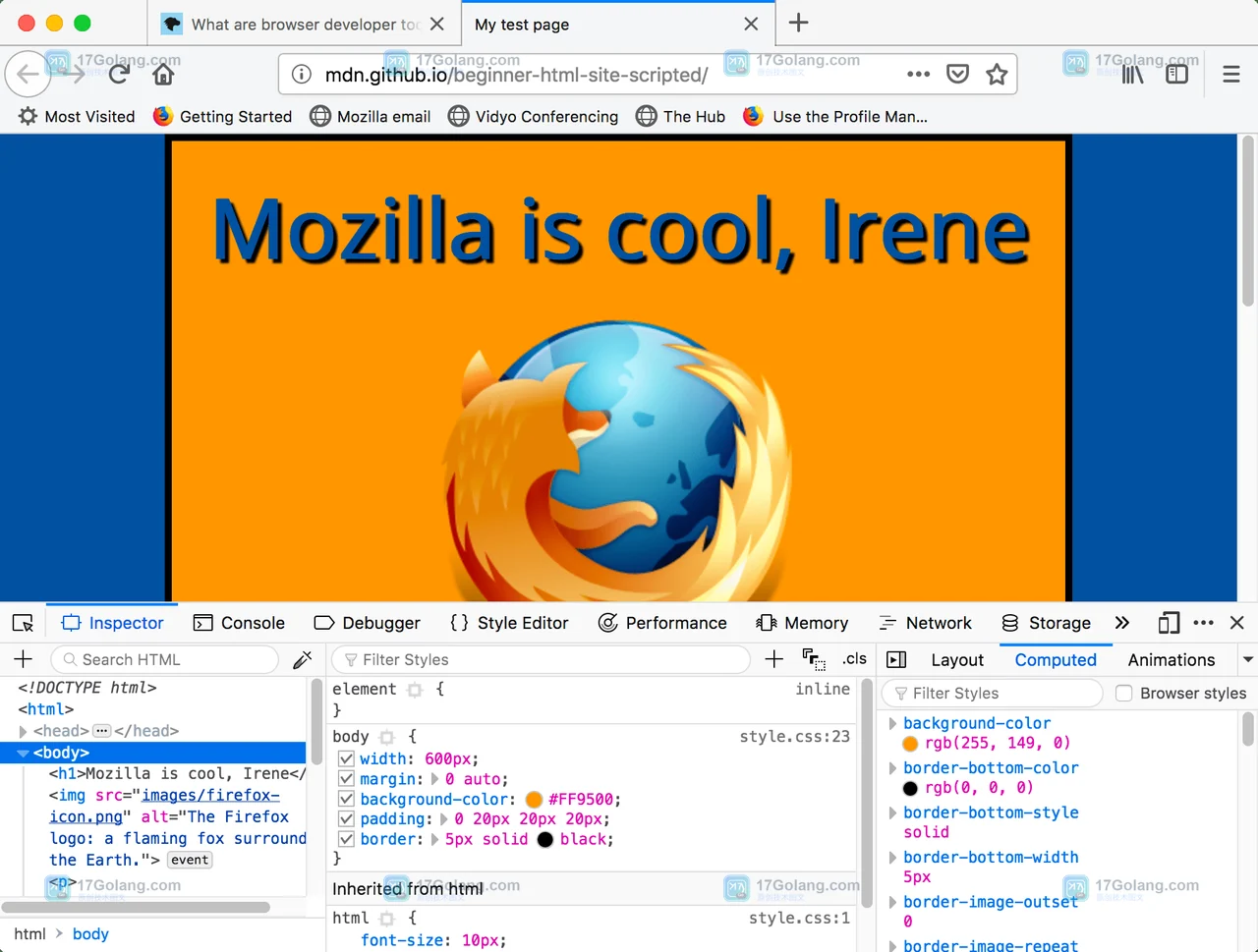 Firefox 官方开发者工具界面，网页上方与底部 Inspector 面板同时显示