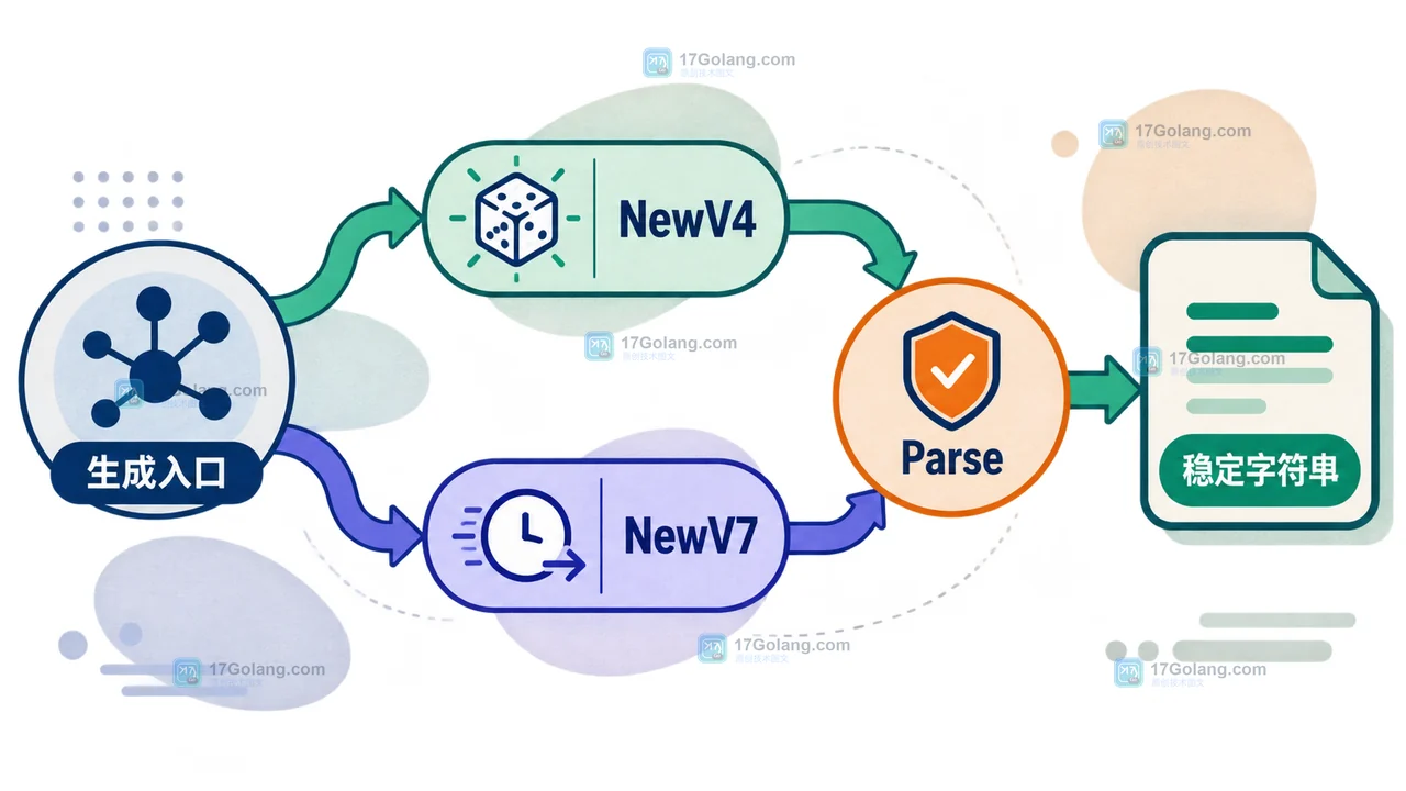 Go 1.27 uuid 从生成入口经 NewV4 或 NewV7 到 Parse 并输出稳定字符串的选择路径