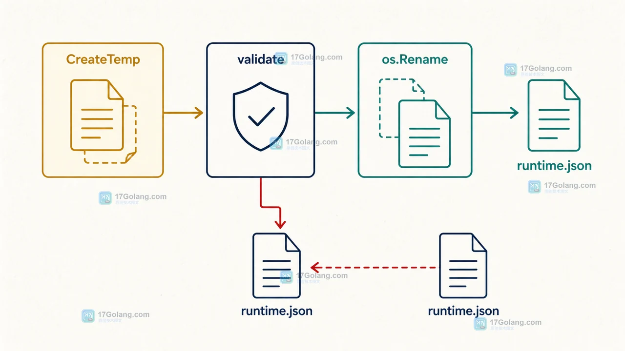 Go 配置热更新从临时文件校验到 os.Rename 原子替换 runtime.json 的控制流