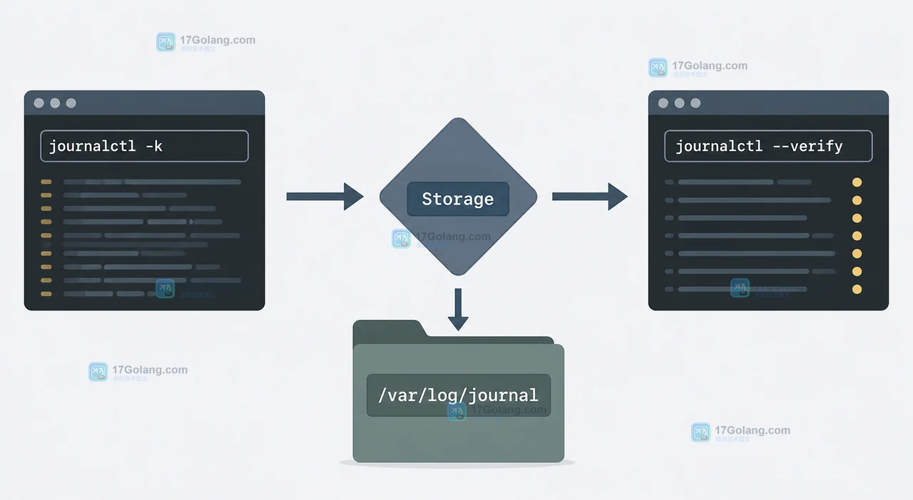 Linux journalctl -k 对照 systemd-journald Storage 配置并形成可复核日志现场的路径示意图