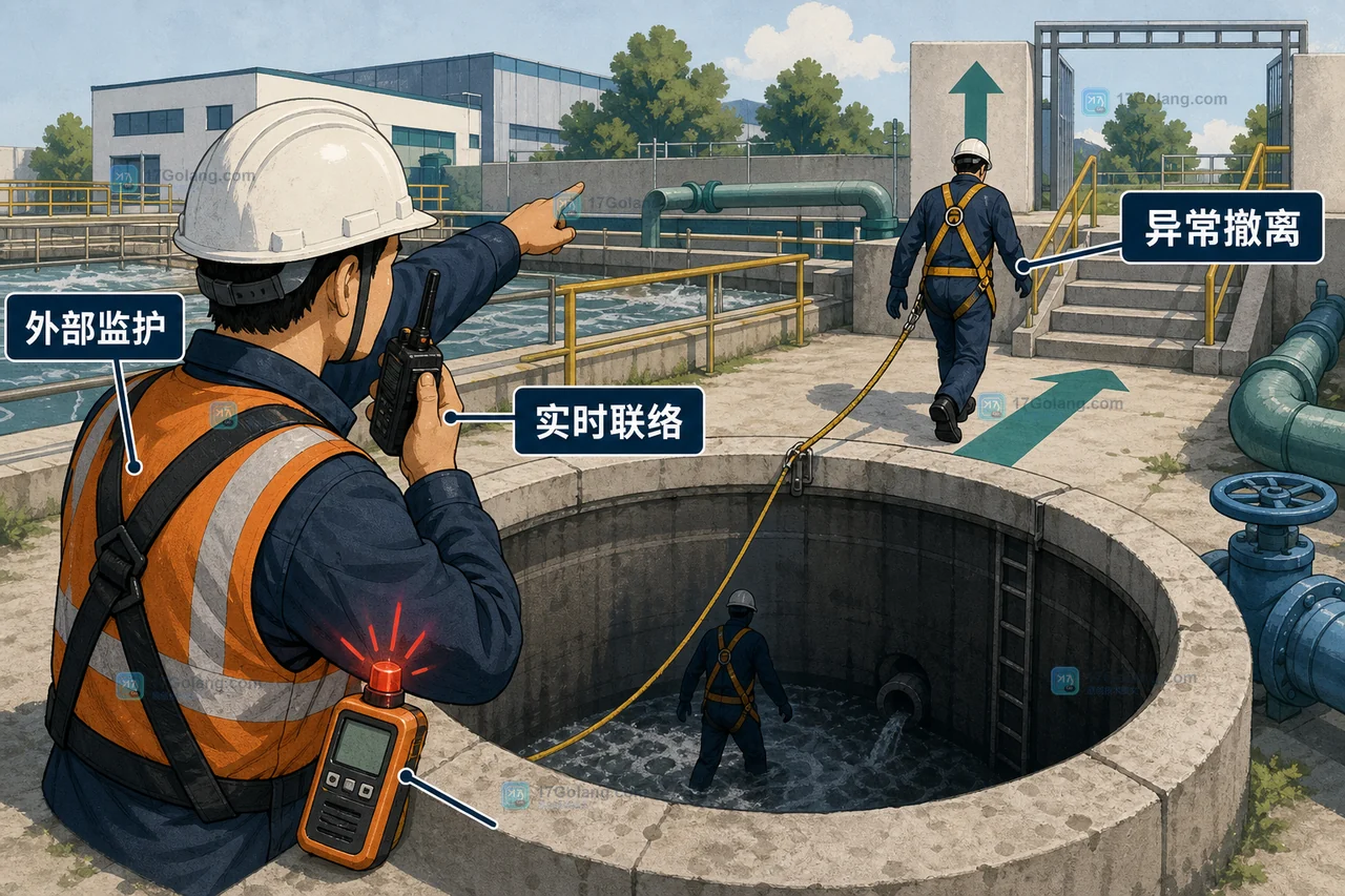 污水处理有限空间作业外部监护、实时联络与异常撤离示意图