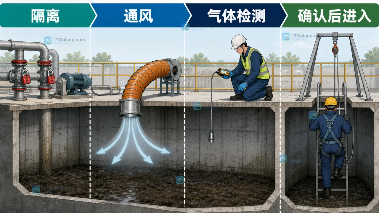 污水处理池清淤作业前的隔离、通风、气体检测安全控制路径