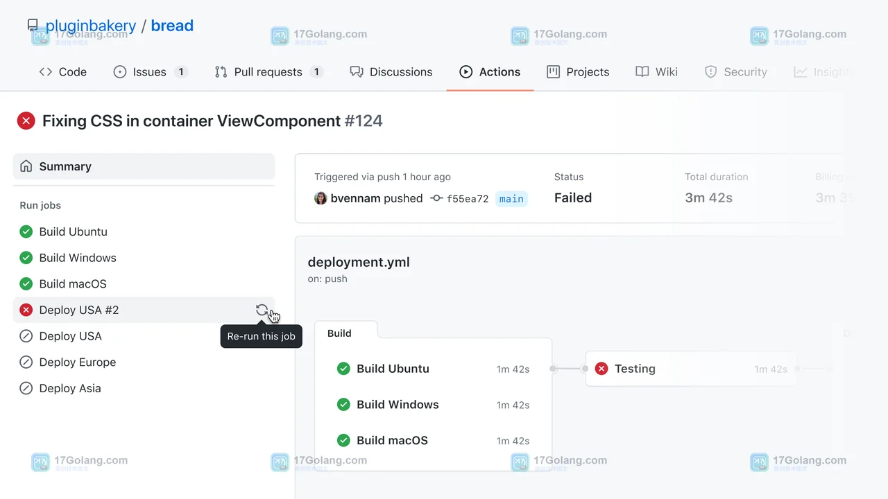 GitHub Actions 运行详情侧栏与重跑入口,确认失败作业的操作范围