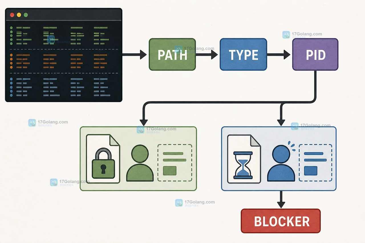 lslocks 从 PATH 和 TYPE 读到 PID,再区分 BLOCKER 的文件锁排查流程