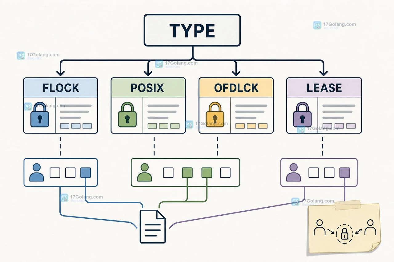 lslocks 用 TYPE 区分 FLOCK、POSIX、OFDLCK 和 LEASE,并提示 PID 可能不是唯一持有者
