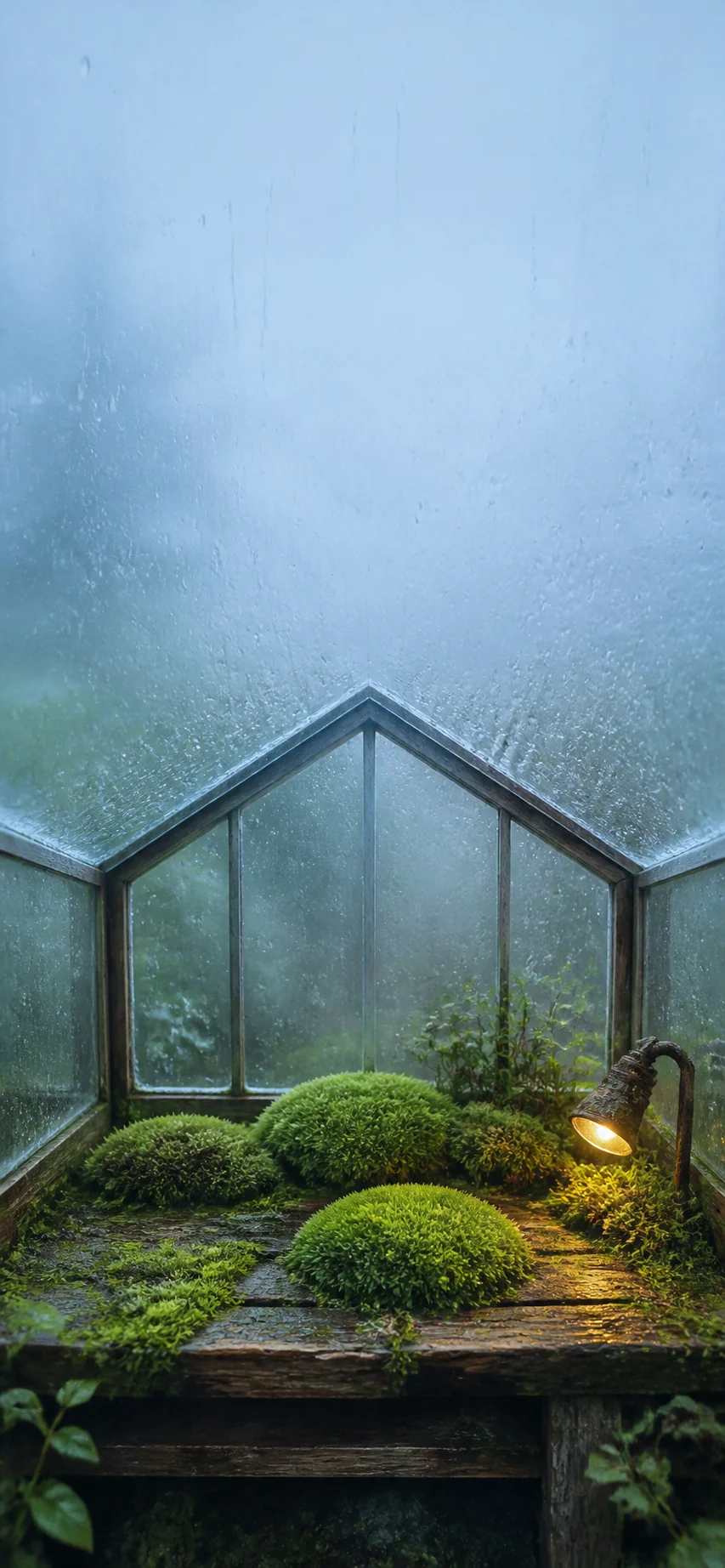 雨后雾蓝玻璃温室手机壁纸，顶部留白与下方苔藓台面形成纵向层次