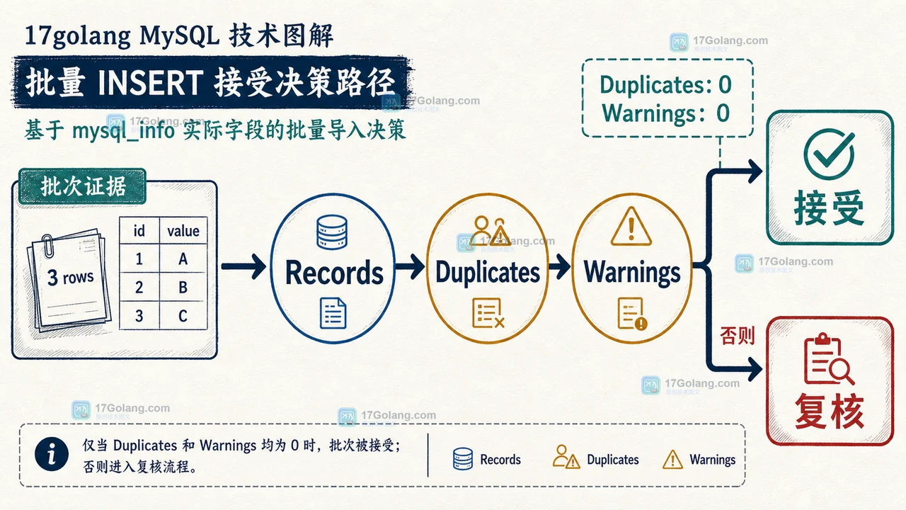 MySQL 批量写入从 Records 经过 Duplicates 和 Warnings 分支到接受或复核状态的判断路径