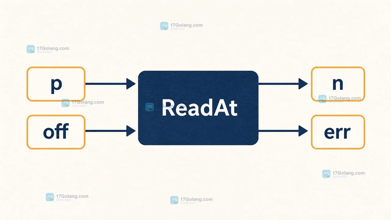 Go ReaderAt 调用中 ReadAt 使用 p 和 off 产生 n 与 err 的返回契约示意图