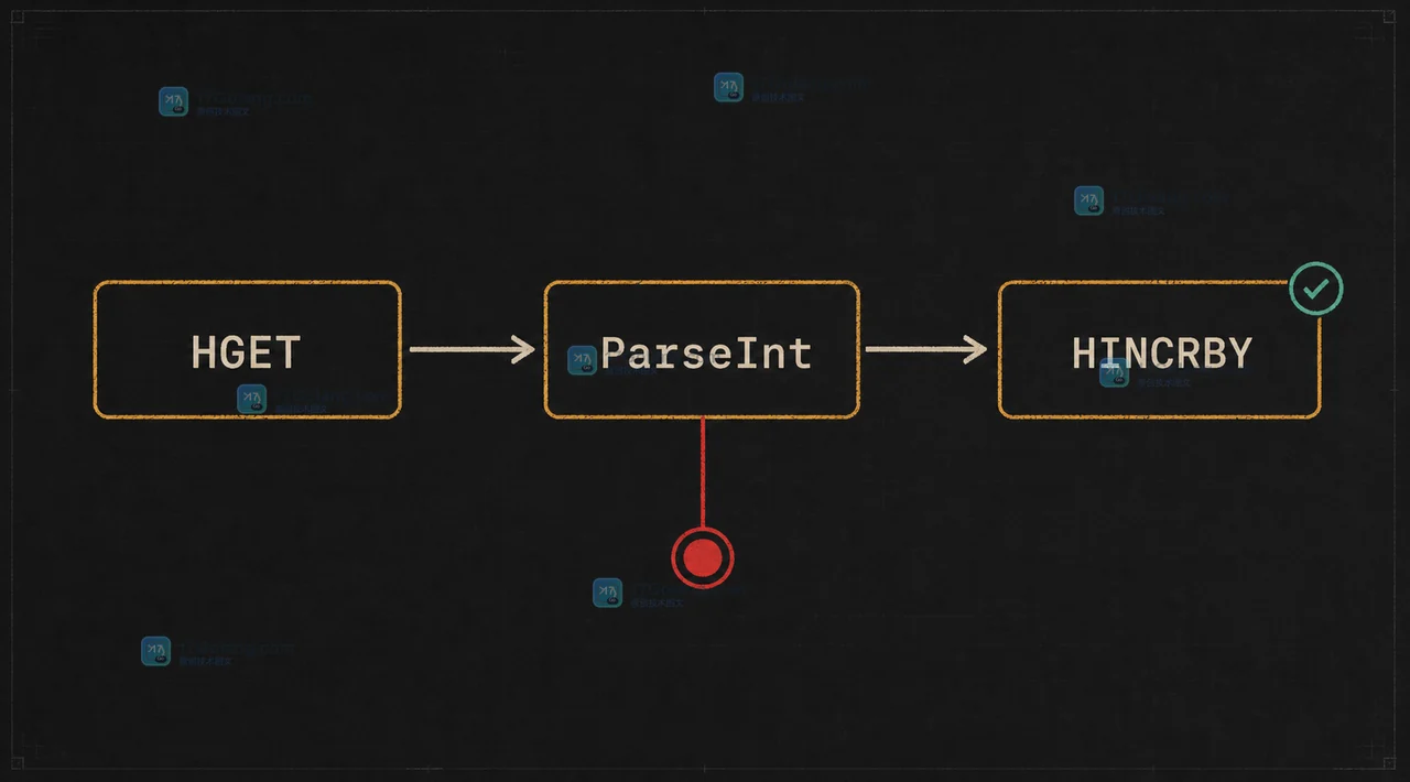 HGET 读取旧值、ParseInt 校验后调用 HINCRBY 并在 WRONGTYPE 分支返回错误的调用链
