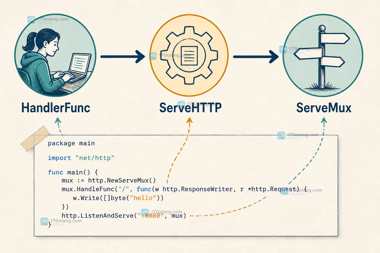 HandlerFunc 到 ServeHTTP 再到 ServeMux 的 Go HTTP 调用链示意图