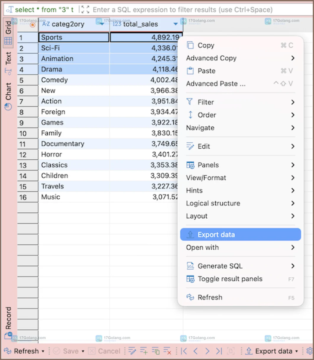 DBeaver 查询结果网格右键打开 Export Data 导出入口