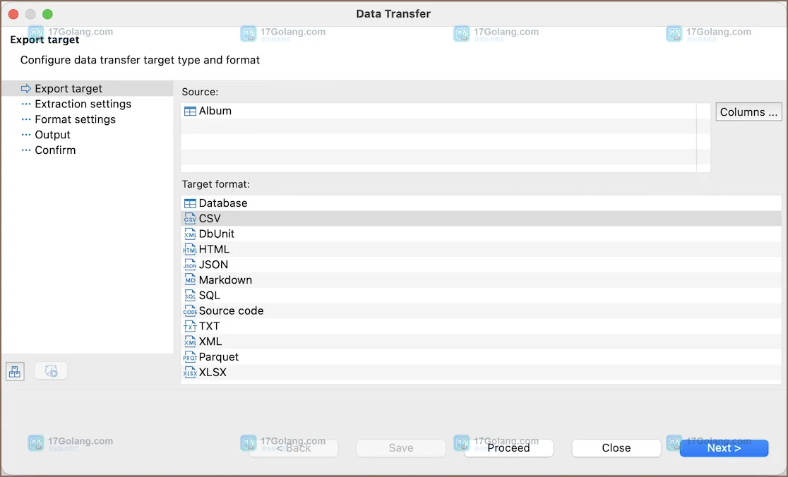 DBeaver Data Transfer 向导选择 XLSX Excel 导出格式
