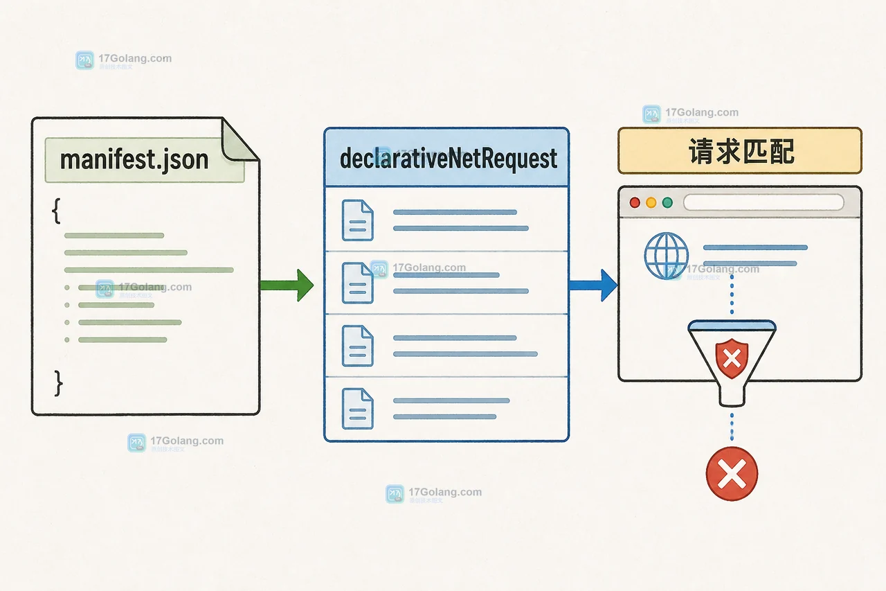 Chrome Manifest V3 中 manifest.json、declarativeNetRequest 与静态规则集的加载链路，展示规则从清单进入请求匹配的关系