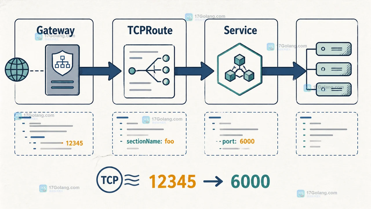 Gateway TCP 12345 监听器通过 TCPRoute foo 转发到 Service 6000 的链路示意图
